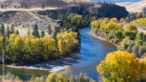 Yakima River winds through yellow trees in Kittitas County during fall photo