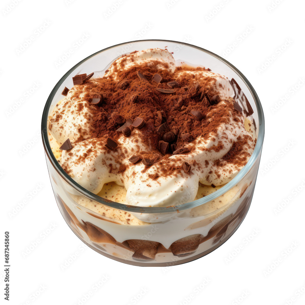 Top view of a bowl of tiramisu Isolated on Transparent or White Background, PNG Top view of a bowl of tiramisu Isolated on Transparent or White Background, PNG