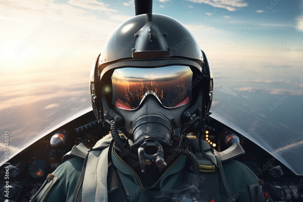 Pilot in flight. Pilot Wearing Mask And Helmet In Cockpit Of Fighter Jet with copy space - obrazy, fototapety, plakaty 