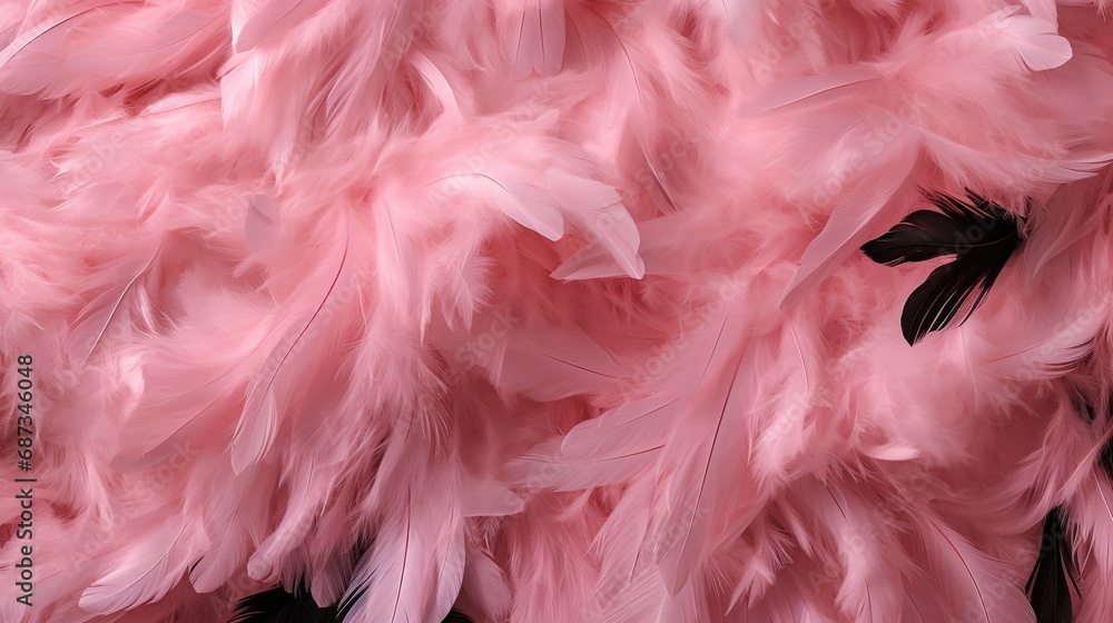 pink black feathers texture background. Flying pink bird or angel feathers