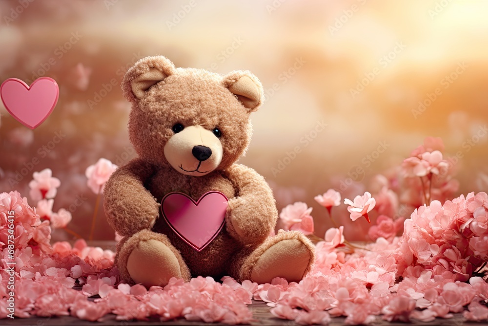 teddy bear with flowers and hearts in fluffy paws Teddy Bear with heart Valentines teddy bear - obrazy, fototapety, plakaty 