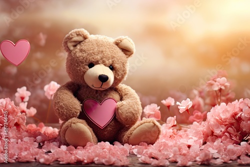 teddy bear with flowers and hearts in fluffy paws Teddy Bear with heart Valentines teddy bear photo