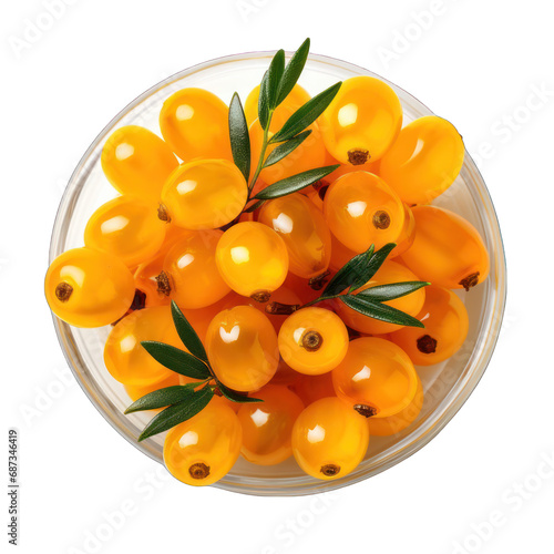 Top View of a Sea Buckthorn on a Plate Isolated on Transparent or White Background, PNG