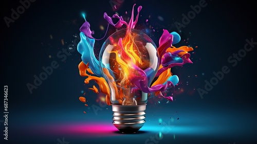Creative light bulb explodes with colorful paint and splashes on a black background. Think differently creative idea concept, Generative Ai 