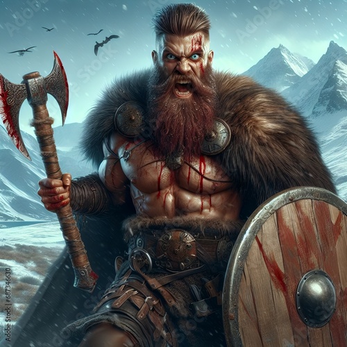 The Berserker Viking man wears bear skins, generative ai photo