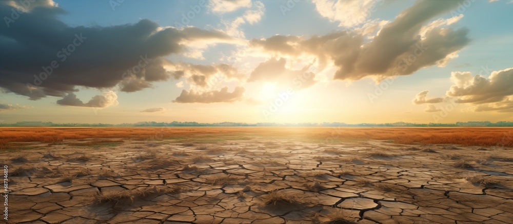 Dry cracked parched earth with sky blue and horizon. Global warming ...
