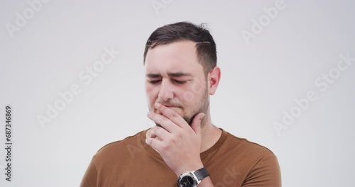 Thinking, surprise and facer of man in studio celebration for wow, solution or problem solving plan on grey background. Omg, portrait and excited male model with questions, why or idea conclusion