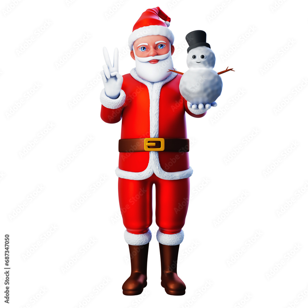 3D character of santa claus posing peace hand with snowman, Merry Christmas and Happy New Year, 3d illustration and rendering 3D character of santa claus posing peace hand with snowman, Merry Christmas and Happy New Year, 3d illustration and rendering