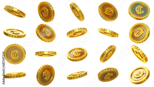 3D rendering of set of abstract golden Costa Rican Colón coins concept in different angles. Colon sign on golden coin isolated on transparent background photo