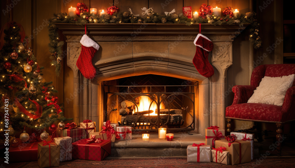 Christmas decoration of living room with fireplace, stocking, gift