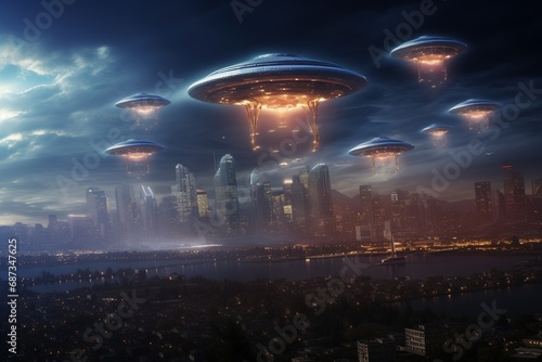 UFO Armada over downtown. giant alien spaceships over the city. UFO invasion over the city of the planet Earth © Boraryn