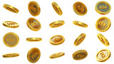 3D rendering of set of abstract golden Bosnia-Herzegovina Convertible Marka coins concept in different angles. Marka sign on golden coin isolated on transparent background