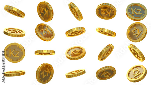 3D rendering of set of abstract golden Angolan kwanza coins concept in different angles. Kwanza sign on golden coin isolated on transparent background photo