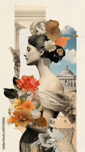 Digital collage inspired by Baroque and Rococo styles, 1700s lady in elegant dress, photo montage. Paper cut Illustration concept; historical fashion, layered art with floral and architectural cutouts
