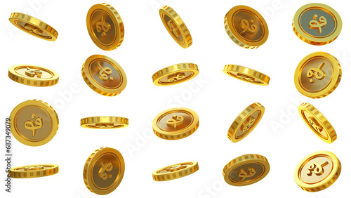 3D rendering of set of golden abstract Afghan Afghani coins concept in different angles. Afghani sign on golden coin isolated on transparent background photo
