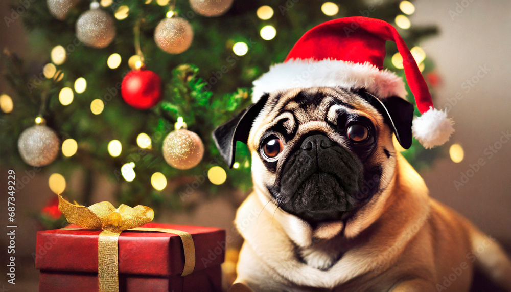 Christmas Tree Pug Dog Wearing Red Santa Hat