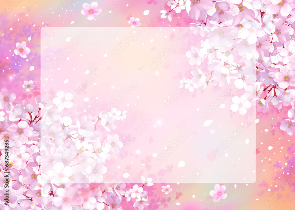 桜の背景素材　桜吹雪　枠　お花見　入学　卒業　入園　卒園　入社　ひな祭り　雛祭り