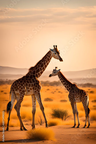 Giraffes graze in the desert. Generative AI