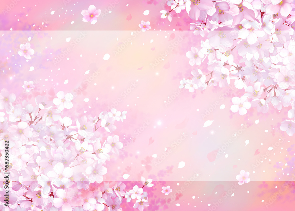 Fototapeta premium 桜の背景素材 桜吹雪 枠 和風 お花見 入学 卒業 入園 卒園 入社 ひな祭り 雛祭り