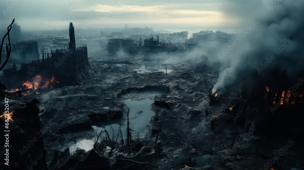 The ruins of a city building are covered with smoke from the civil war or natural disaster The ruins of a city building are covered with smoke from the civil war or natural disaster