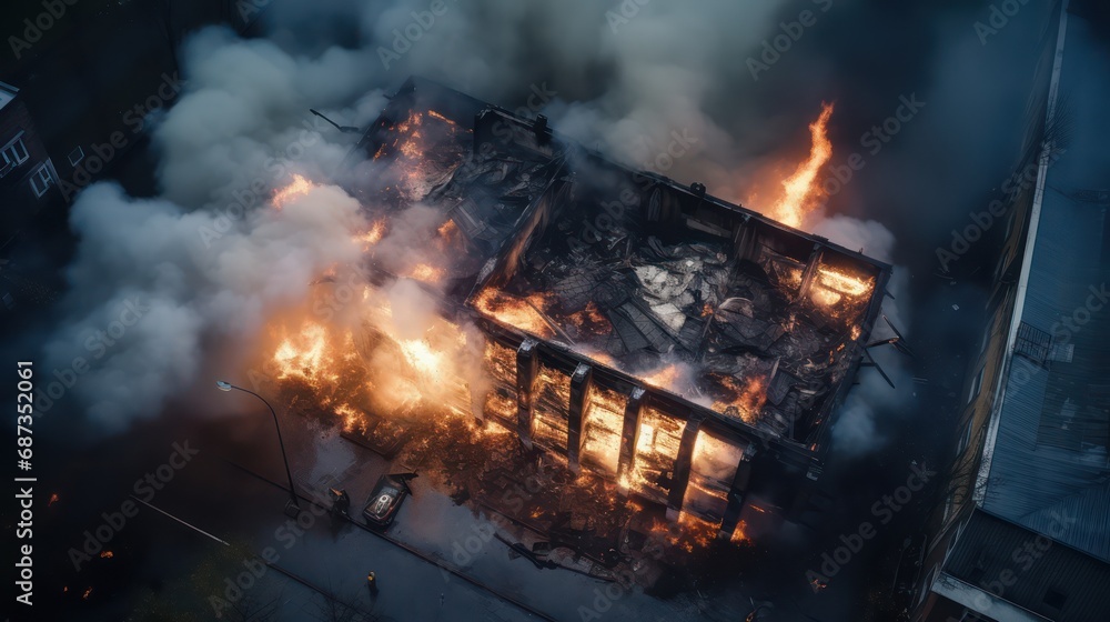 The ruins of a city building are covered with smoke from the civil war or natural disaster The ruins of a city building are covered with smoke from the civil war or natural disaster