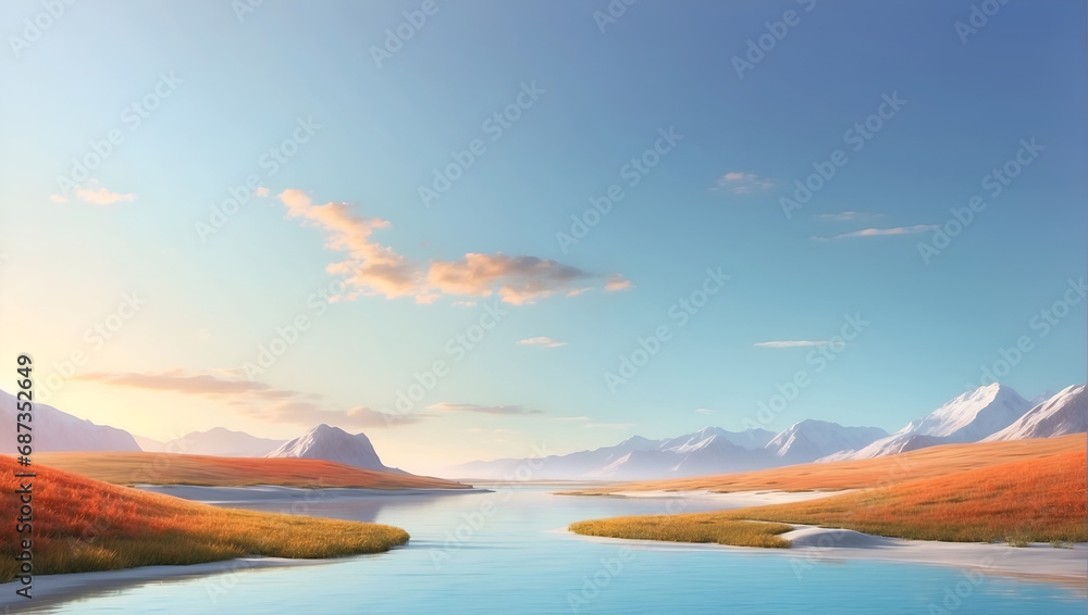 A fantasy landscape, serene lake, mountains. Perfect for illustrating fantasy worlds, imaginary landscapes, scenic beauty.