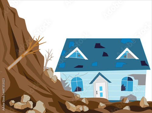 地震で崖崩れが起きて住宅が危険になっている。