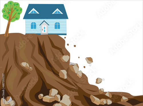 地震で崖崩れが起きて住宅が危険になっている。