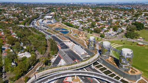 Aerial drone view at Rozelle Interchange in Sydney, NSW Australia above the large chimney towers, shot on 3 December 2023 