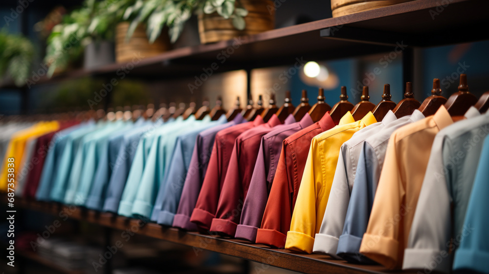 Trendy cotton Men shirt display on mannequin in clothes shop. Summer collection fashion product samples in clothing store for selling. Textile industry and business  - obrazy, fototapety, plakaty 