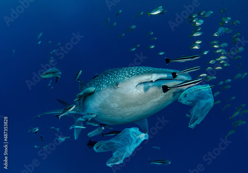 Whale shark (Rhincodon typus) and several slender sharksucker (Echeneis naucrates) swimming among various fishes through the plastic bags photo