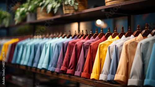 Trendy cotton Men shirt display on mannequin in clothes shop. Summer collection fashion product samples in clothing store for selling. Textile industry and business 