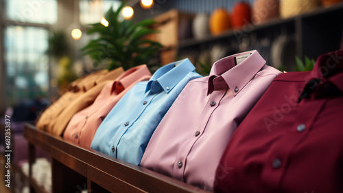 Trendy cotton Men shirt display on mannequin in clothes shop. Summer collection fashion product samples in clothing store for selling. Textile industry and business concept
