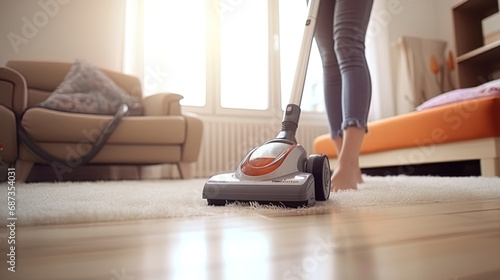Sports trousers and carpet in focus: girl when cleaning the house