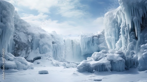 A frozen waterfall with icy stalactites