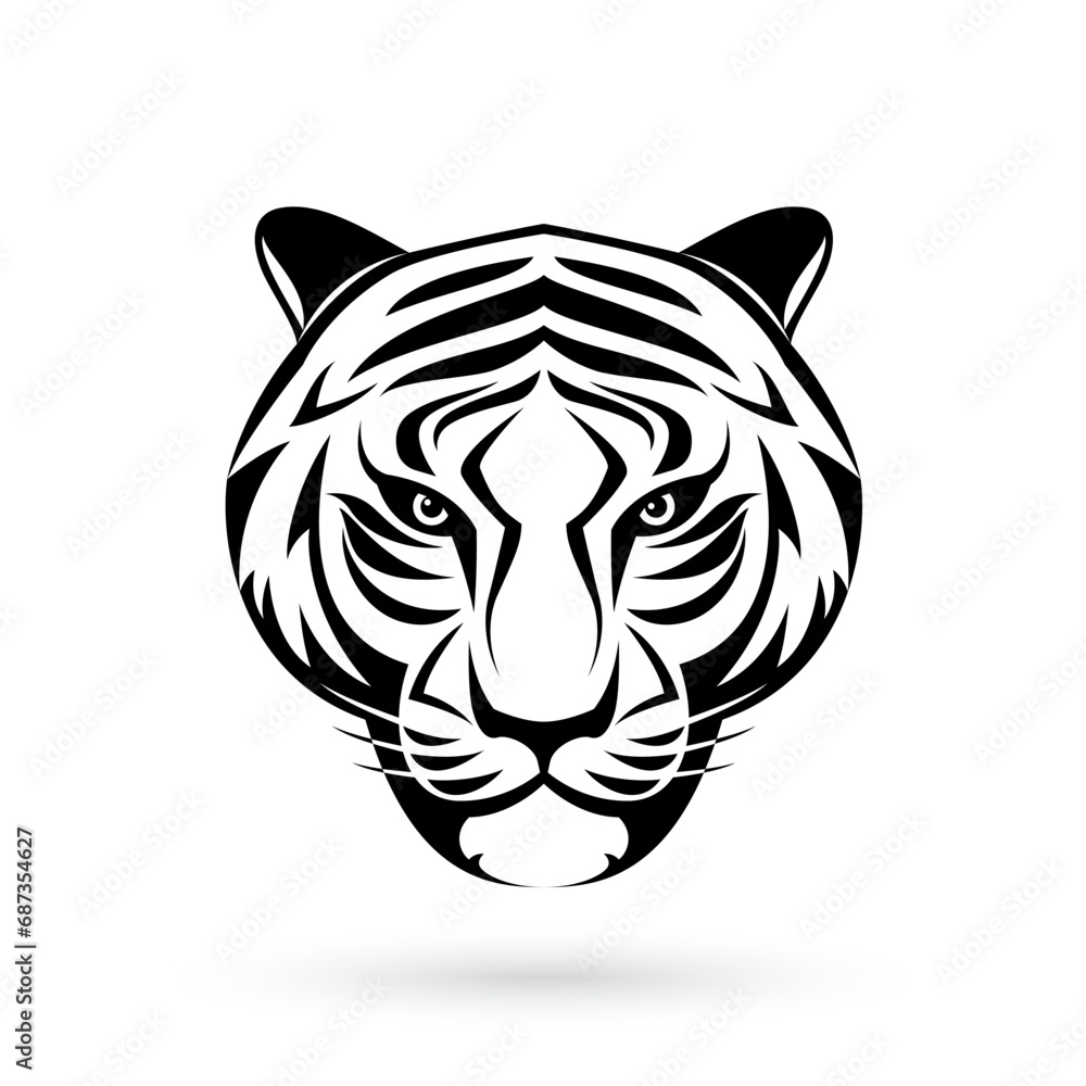 A Tiger head logo, in the style of black and white art. Illustration on white backdrop. Symmetrical design