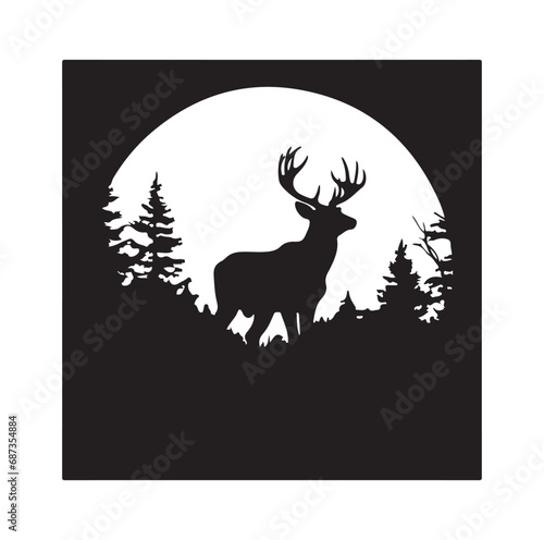 Vector silhouette of hunting deer in forest. Symbol of animal and nature.