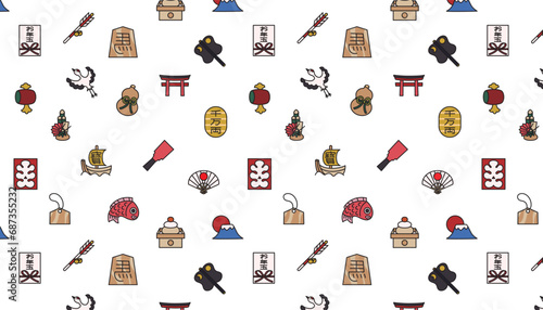Seamless pattern of traditional Japanese festive elements.
