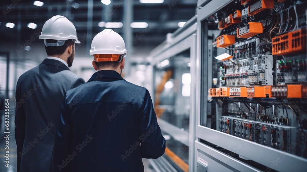 Engineers and factory managers wearing safety helmet inspect the machines in the production. inspector opened the machine to test the system to meet the standard. machine, maintenance Engineers and factory managers wearing safety helmet inspect the machines in the production. inspector opened the machine to test the system to meet the standard. machine, maintenance