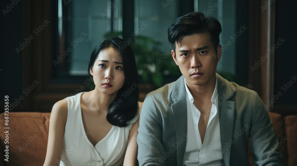 Fototapeta premium Divorce and quarrels. couples are desperate and disappointed after marriage. Husband and wife are sad, upset and frustrated after quarrels. distrust, love problems, betrayals. family problem.