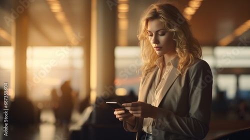 Business woman using mobile phone to book plane ticket through online application, sitting on travel checking travel time on board at airport, travel, payment, due, booking, online, check in