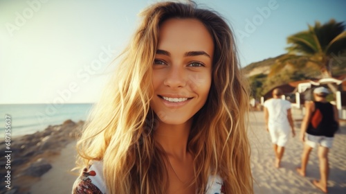 closeup shot of a good looking female tourist. Enjoy free time outdoors near the sea on the beach. Looking at the camera while relaxing on a clear day Poses for travel selfies smiling happy tropical #687355637