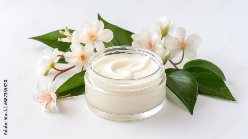 whitening and moisturizing Face cream in an open glass jar and flowers on white background. Set for spa, skin care and body products and solutions for skin problems such as scars, acne, wrinkles. whitening and moisturizing Face cream in an open glass jar and flowers on white background. Set for spa, skin care and body products and solutions for skin problems such as scars, acne, wrinkles.