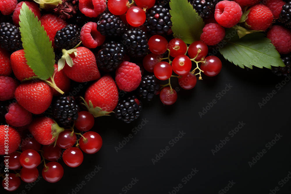 A banner with colorful fresh berries on black background. Advertisement for market, farmer or vegan concept. Copy space A banner with colorful fresh berries on black background. Advertisement for market, farmer or vegan concept. Copy space