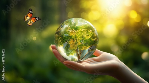 Earth crystal glass globe ball and growing tree in human hand, flying yellow butterfly on green sunny background. Saving environment, save clean planet, ecology concept. Card for World Earth Day.