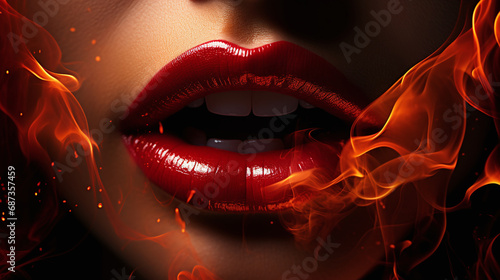 Close-up of red glossy lips with flames wrapping around them, embodying a fiery and passionate aesthetic. AI Generative photo