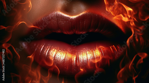 Wallpaper Mural Close-up of red glossy lips with flames wrapping around them, embodying a fiery and passionate aesthetic. AI Generative Torontodigital.ca