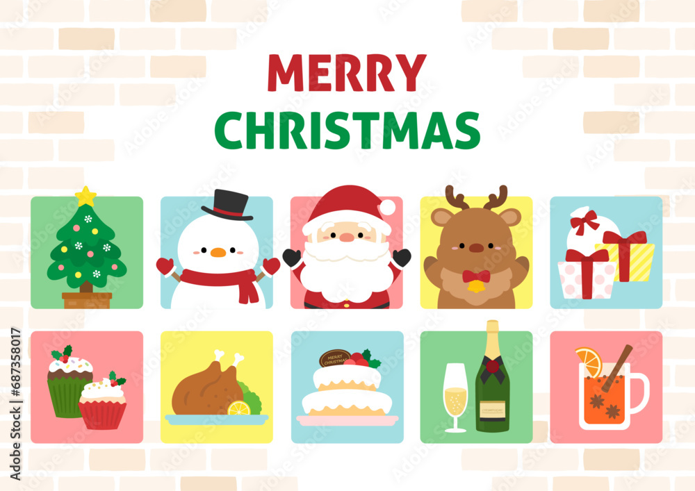 サンタクロースとクリスマスグッズいっぱいのカード、レンガの背景 サンタクロースとクリスマスグッズいっぱいのカード、レンガの背景