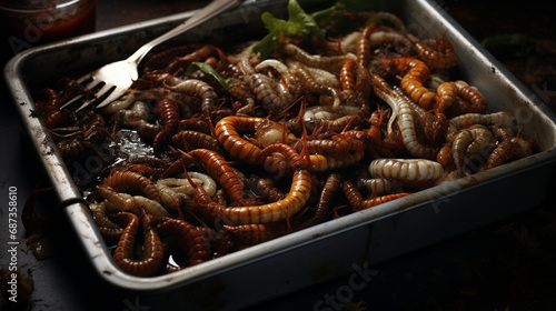 Roasted worms and insects on a metal tray with a fork and saucer on a dark background. Disgusting cell food for the meal of a horror story or a nightmare. © Domingo