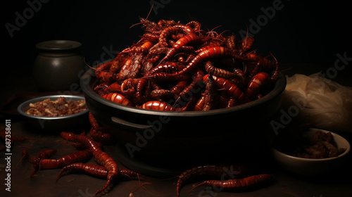 Disgusting and repulsive still life, featuring a large metal plate on a dark wooden table filled with cooked and fried worms and larvae, accompanied by sauce. Modern protein-based cuisine of horror photo